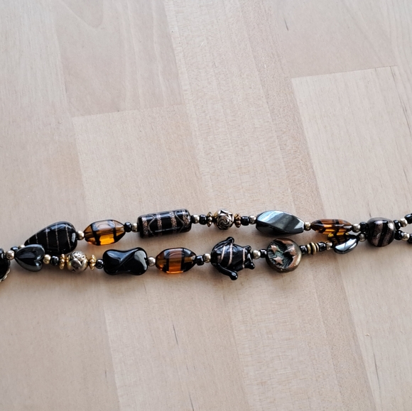 Black & Amber Art Glass, Golden and Hematite Charm Double Strand Beaded Bracelet - Picture 8 of 12